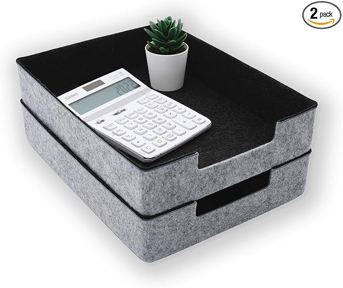 WELAXY Felt Desk Drawer Organizer Trays, 2-Piece Stackable File Organizer for Documents, Papers, Magazines, Home & Office Storage (Charcoal)