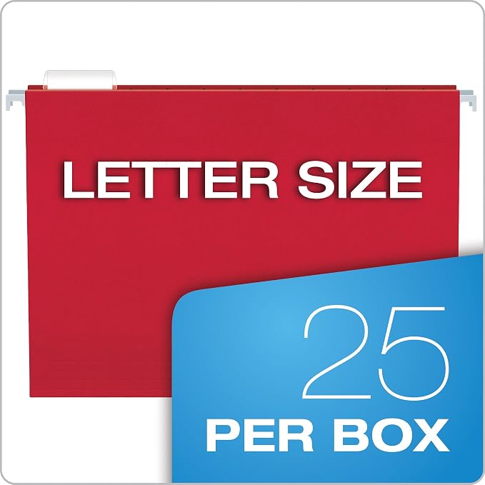 Pendaflex Hanging File Folders, Letter Size (8.5" x 11"), Assorted Colors: Green, Blue, Red, Yellow, Orange, 5 Tab Positions, Reinforced, Includes Tabs and Inserts, Durable, 25 Count (Pack of 2)