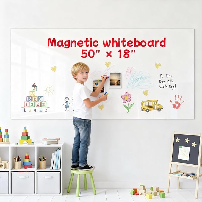 Extra Long Magnetic Dry Erase Whiteboard 50"x18" - Self-Adhesive Flexible Wall Board for Door, Closet, Hallway w/ 11 Markers, 6 Magnets, Eraser & Holder, Ultra Smooth, No Ghosting, Easy Erase