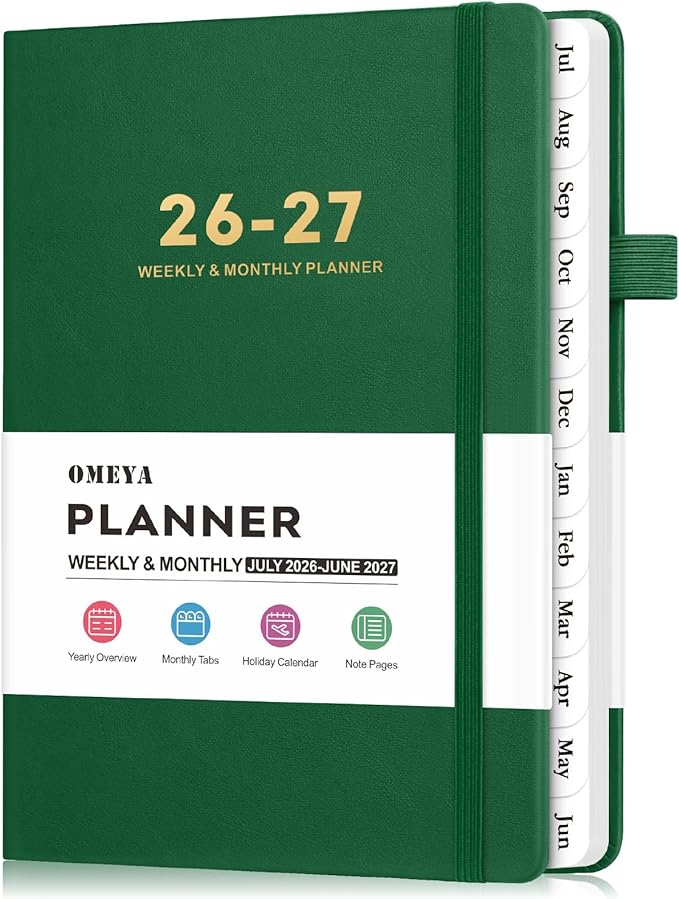 OMEYA Leather Academic Planner 2026-2027: A5 Green Business Weekly & Monthly Planner for Work, July 2026 – June 2027, 100gsm Thick Paper, Durable Stitched Binding, Tabs, Pen Loop, Pocket
