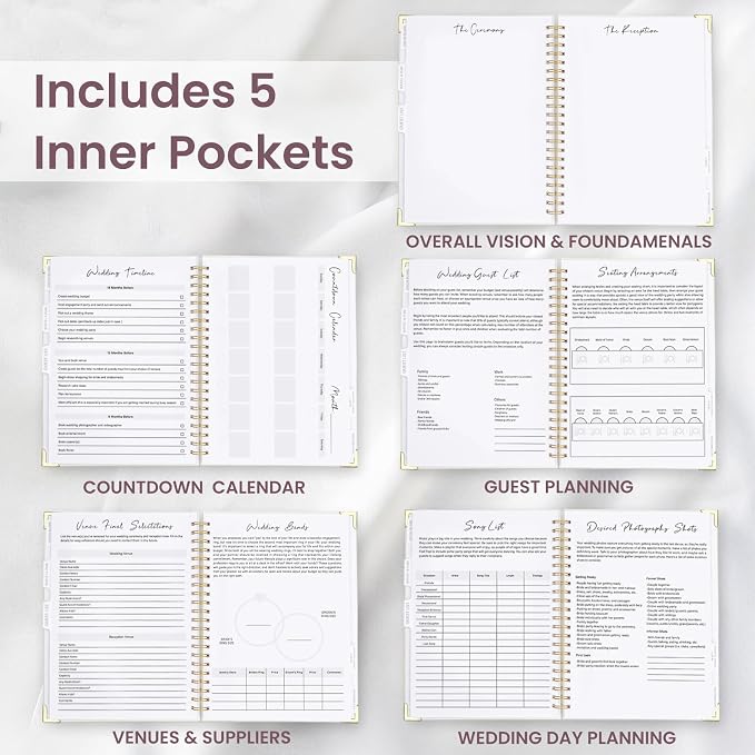 Wedding Planner Book and Organizer for the Bride, 9x12" Wedding Planning Book with 5 Tabbed Sections, Pockets, Checklists, Calendars, Countdown, Metal Corner, Engagement Gifts for Couples, Floral