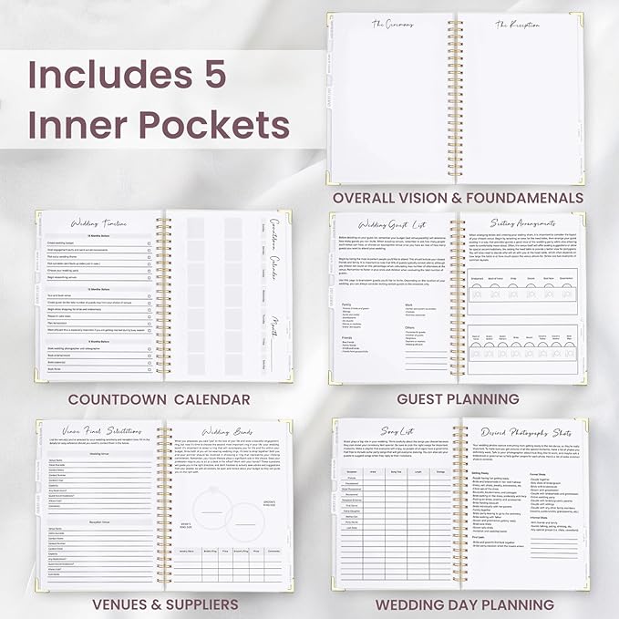 Wedding Planner Book and Organizer for the Bride, 9x12" Wedding Planning Book with 5 Tabbed Sections, Pockets, Checklists, Calendars, Countdown, Metal Corner, Engagement Gifts for Couples, Floral