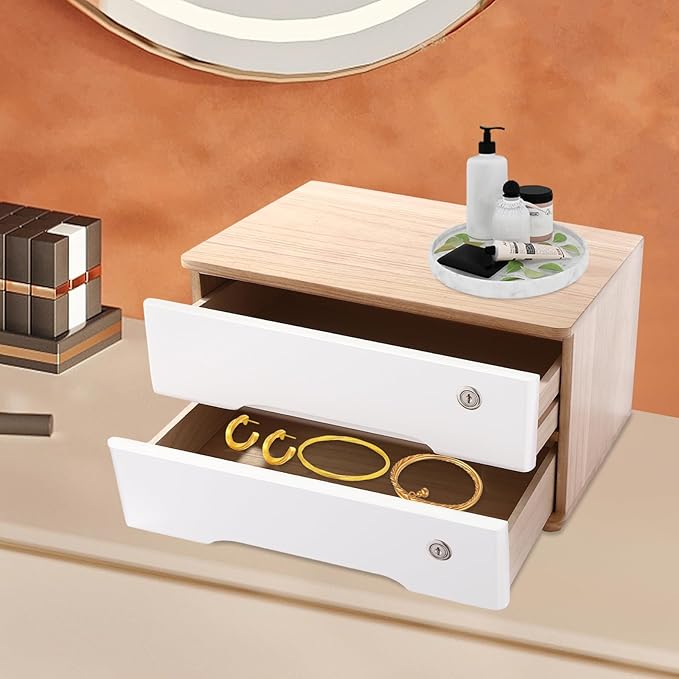 Lockable Desk Organizer Wooden Desktop Drawers Office Flat Files Storage Box Locking Countertop Storage Cabinet (Wood Color + White, 2-Tier)