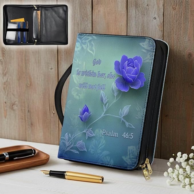 PU Bible Covers for Women Girls Small Bible Case with Handle Bible Bag with Leather Bookmark,Purple Flower Scripture