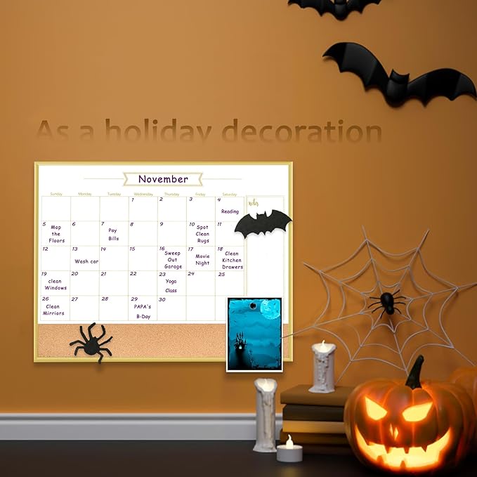 Whiteboard Calendar & Corkboard, 17" x 13" Dry Erase White Board & Bulletin Board, Gold Aluminum Frame Calendar/Cork Combo Board(ZHYL-Gold-3343-B+1)