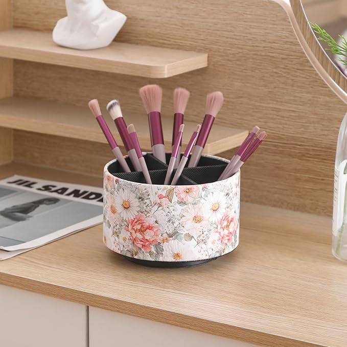 Spinning Remote Caddy for Table, 360 Degree Rotating Desk Organizer and TV Remote Holder, Decorative PU Leather Storage Basket for Bedside, Coffee Table, and Office Stationery, Peony PH128