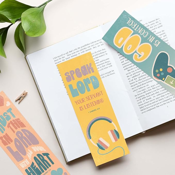 Religious Teen Bookmarks / 24 Uplifting Faith Bookmark Set / 2" x 6" Retro Christian Motivational Bible Verse Page Saver Quotemark Cards / 12 Encouraging Designs/Made in The USA