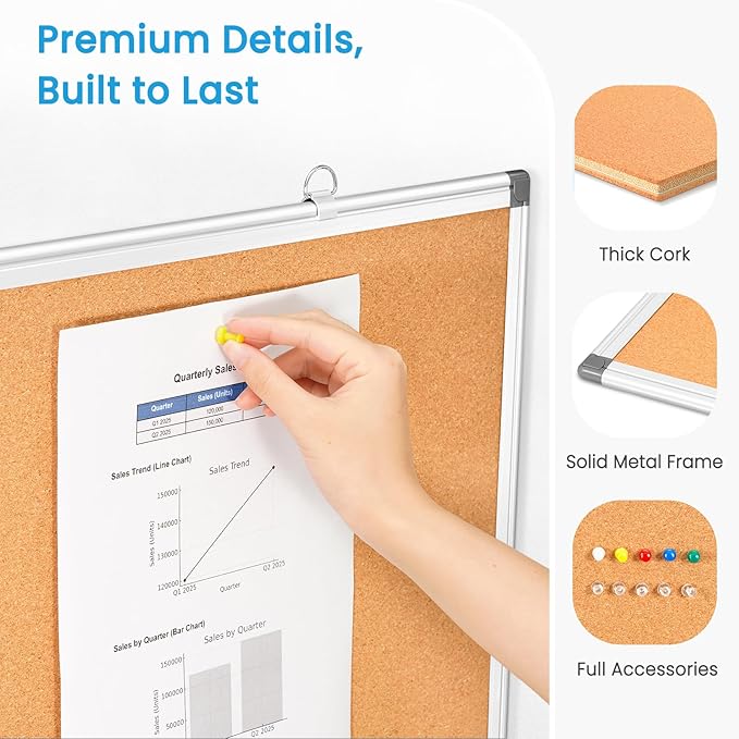 Double-Sided Cork Bulletin Board for Wall, WALGLASS 36" x 24" Hanging Wall Mounted Notice Board, Pin Display Vision Cork Board, Aluminium Framed Large Message Corkboard for Office, Home, School
