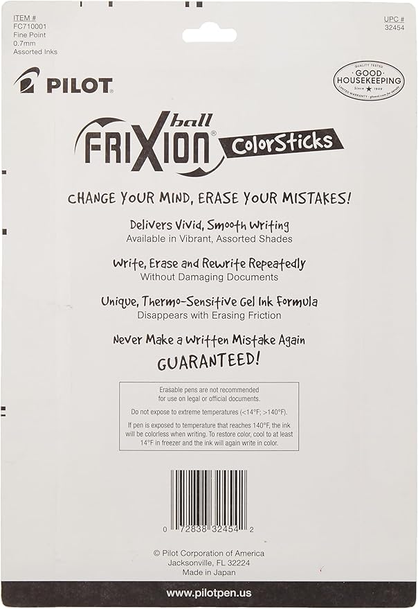 PILOT FriXion ColorSticks Erasable Gel Ink Pens,Fine Point 0.7 mm,Assorted Colors,Erasable Pens - Ideal for School,Journaling,& Office Writing,10 Count (Pack of 12)