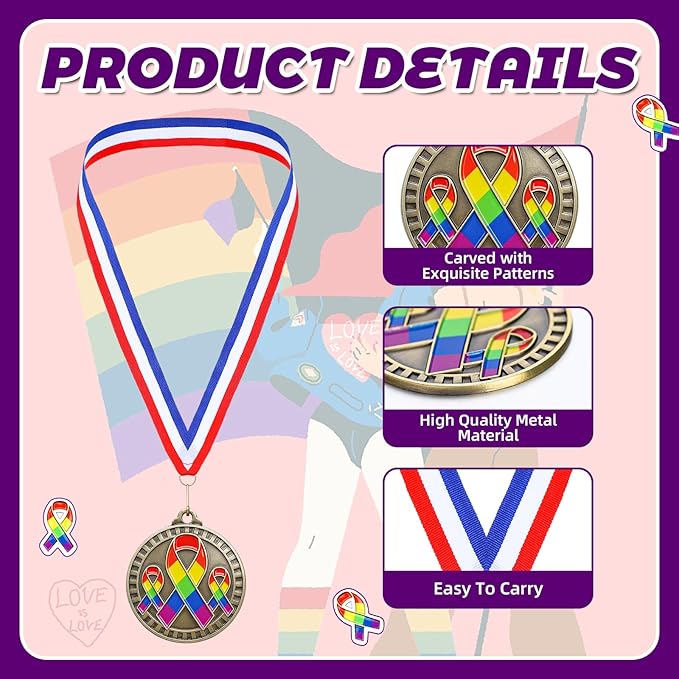 30 Pcs Gay Pride Awareness Medals Rainbow Ribbon Award Gifts with Neck Ribbon 2" LGBT Trophy Rainbow Medal Award for Love is Love Equality LGBT Pride Month 2026