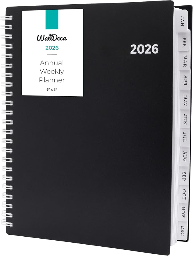 WallDeca 2026 Planner, Agenda Planner With Weekly And Monthly View, Daily Agenda Book And Yearly Planners Calendar Book, Spiral Bound With Tabs, Notes, Goals And Holidays (8 x 6 in)