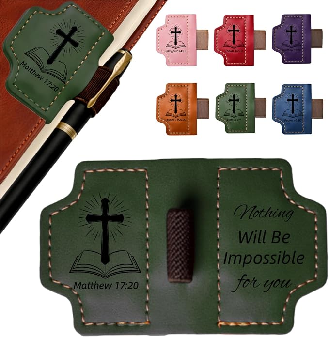 MOTEERLLU Bygone Mark Personalized Magnetic Leather Bookmark Pen Holder, Christian Gifts, Inspirational Bible Book Marks for Reading Women, Men, Teachers, Book Lover(Green Matthew 17:20)