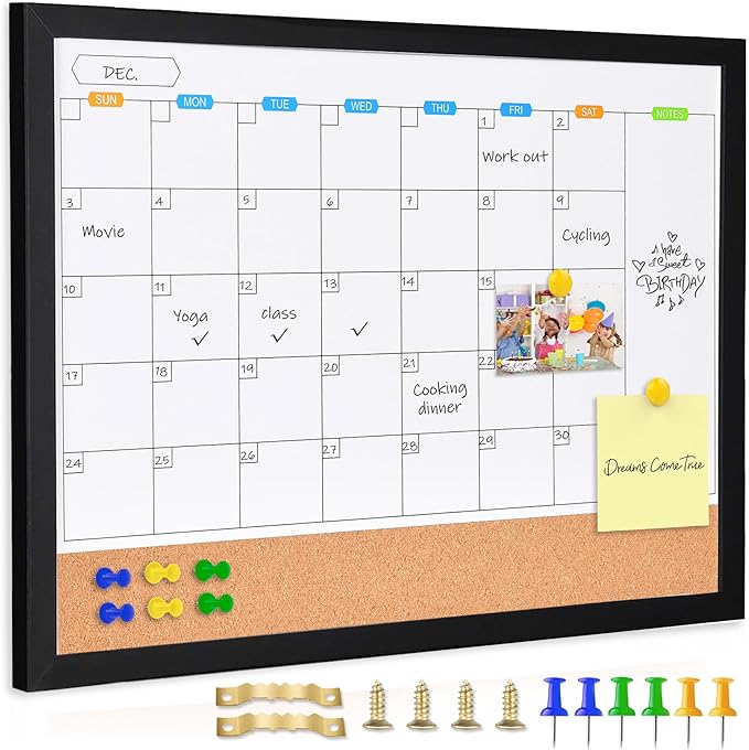 Monthly Whiteboard Calendar with Cork Board for Wall, 17"x13",Magnetic Dry Erase Board with Black Wood Framed,2-1 Wall Planner Whiteboard, Bulletin Board with Pins for Home, School,Office
