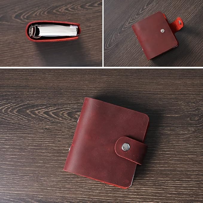 A9 Genuine Leather Journal, Red Handmade Leather Pocket Size Binder Planner, Mini Vintage Leather Planner, 120 Sheets Pages, Loose Leaf 3-Ring with Snap Button Closure (Red)