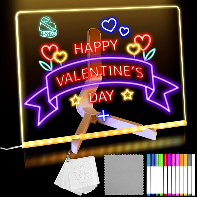 Lumiboard LED Drawing Board, Light Up Acrylic Dry Erase Board 7.9x7.9” with Stand, LED Note Board with Colors, Glow Memo Message Writing Board with Light, Drawing Stencils Set Included