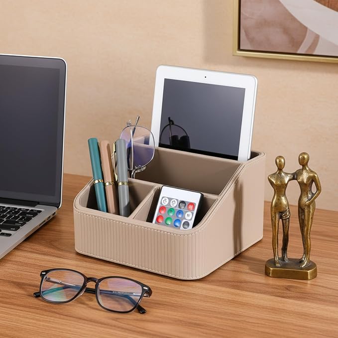 Kenaeeooe Remote Control Holder, Small Desk Organizer with 4 Compartments, Pu Leather Desktop Caddy for Office Supplies & Home Accessories, Bedside Nightstand Storage (Beige)