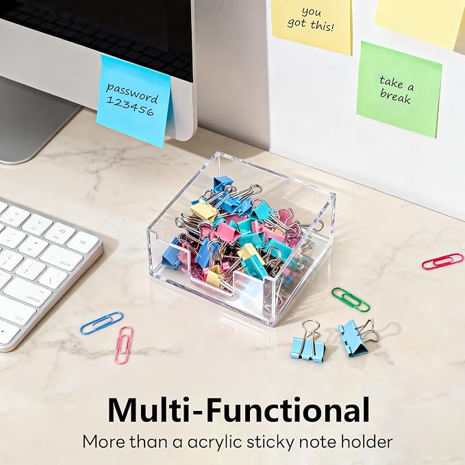 Clear Sticky Note Holder, Glitter Acrylic Organizer, 3.94 x 3.94 in Multi-Use Tray for Office, School & Home Desk