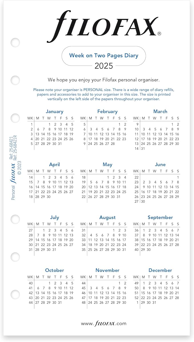Filofax Calendar Diary Refill, Personal/Compact Size, Week-to-View, White Paper, Unruled, English, 2025 (C68421-25)