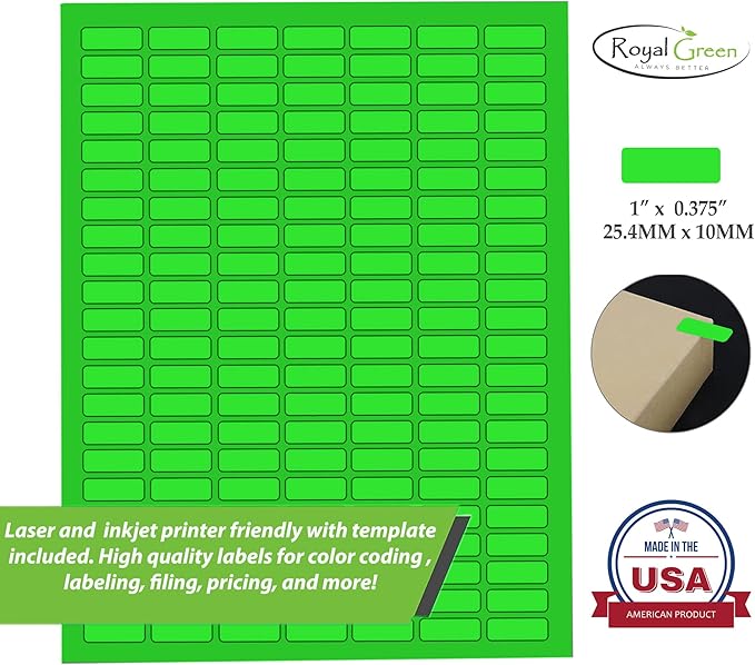 Neon Green Sticker Label Sheets Bulk Printable Paper Labels 1 inch x 0.375 inch - 1540 Pack, 10 Sticker Sheets for Laser/Inkjet Printers with Template Included by Royal Green