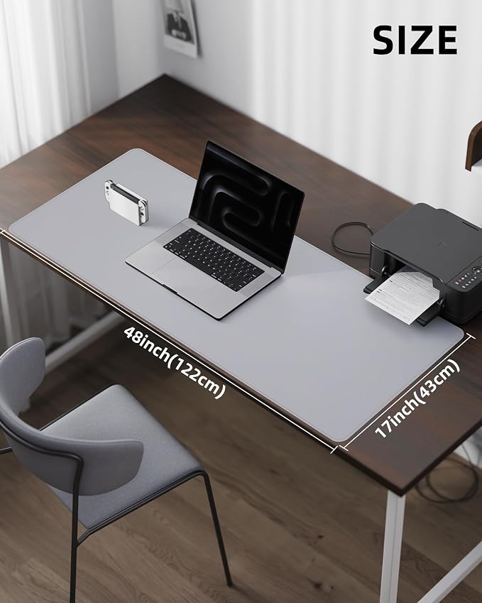 AFIING Leather Desk Pad Protector- 48" x 17" Office Desk Mat, Non-Slip PU Leather Mouse Pad, Waterproof Desk Blotter Mat, Desk Cover Mat for Office and Home (Light Grey)