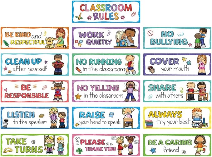 Lachilly 16Pcs Classroom Rules Cards, Class Interactive Social Distancing, Subject Titles for Bulletin Board Boarder Headliners, Classroom Decoration, Social Cognitive Card Teaching Aids 10.4x3.4 inch