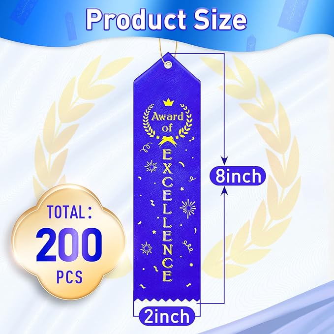 Taiyin Award of Excellence Ribbons Award Prize Achievement Ribbon with Event Card and Rope for Kids Competition, Sports Event, Contests, School, Office Team(200 Pieces)