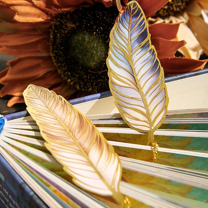 icceemee 4pcs Metal Feather Bookmarks with Bookmarks for Women, Writers, Readers Durable Book Markers Book Accessories Unique Gifts for Men, Women