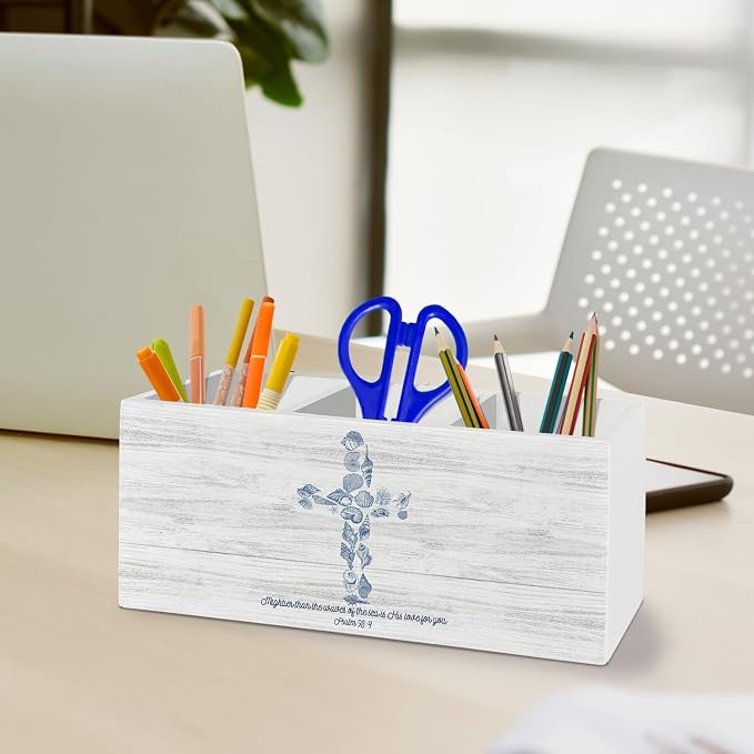 Coastal Beach Christian Pen Pencil Holder Organizer for Desk Accessories, Religious Seashell Cross Bible Verse Wooden Box Sign Desk Decor for Home Office Decoration, Christian Gifts for Women
