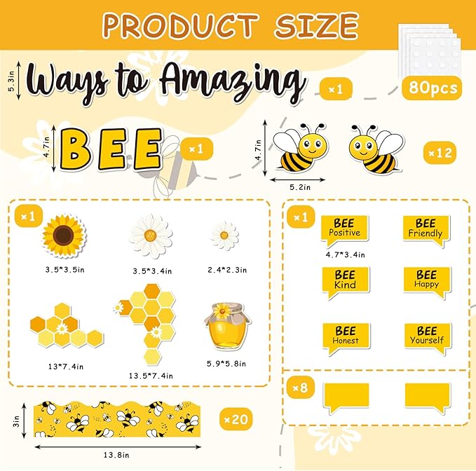 JarThenaAMCS 88Pcs Bee Bulletin Board Decorations Summer Bee Daisy Sunflower Cutouts Inspirational Quotes Name Tags for Back to School Classroom Chalkboard Wall Office Home Decor