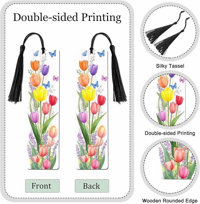 Tulips Flower 5 Pcs Bookmarks Bouquet Art Watercolor Butterflies Wooden Bookmarks with Tassel for Students Reader Teachers Book Lovers