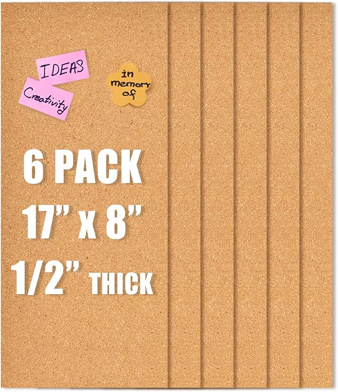 17x8 Cork Board Tiles Bulletin Board, 1/2" Thick Self-Adhesive Cork Boards for Walls, Cork Tiles Vision Board for Home, Office, School, Bulletin Board Decorations(12mm,6pc)