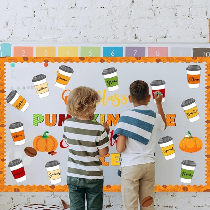 Fall Coffee Cup Bulletin Board Set – “We are Pumpkin Spice and Everything Nice” Pumpkin & Coffee Cutouts for Autumn Classroom Décor, Thanksgiving, Halloween and Fall Bulletin Board Display