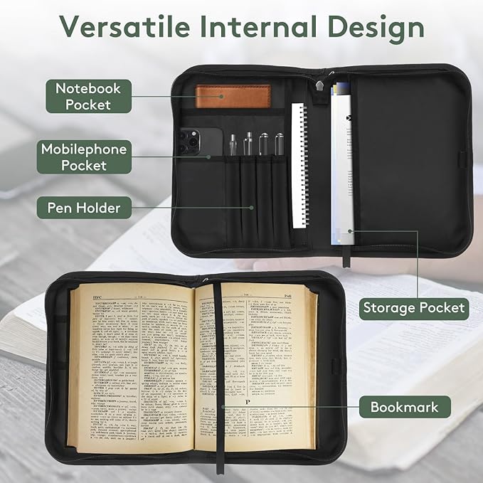 Bible Cover Case for Women PU Leather Woman Book Carrying Bag Bible, Protective Bible Organizer Holder Bag with Handle and Zippered Pocket, Christian Gift for Lady Girls (Boho Floral, L)
