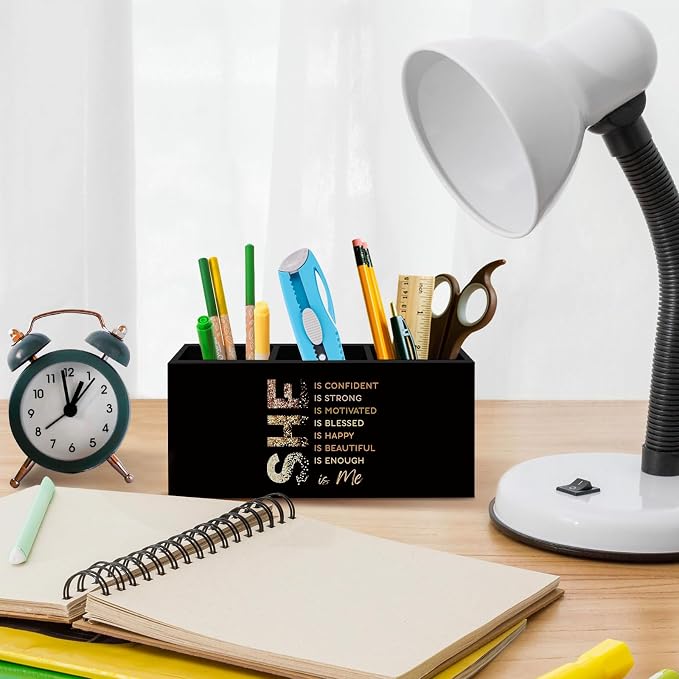 Black Gold Affirmations Pen Pencil Holder for Desk, Inspirational Self Care Office Desk Accessories, Self Love Positive Holders Organizer for Women Girls, She Is Me