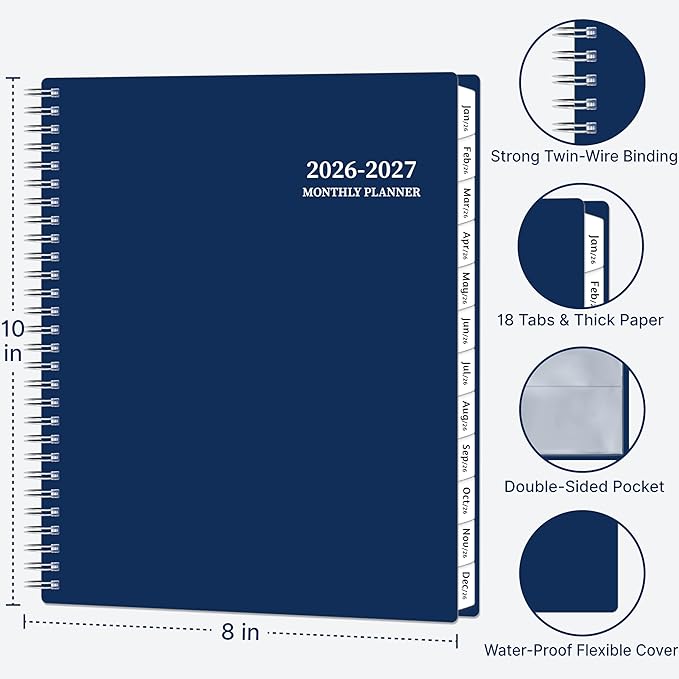 2026-2027 Monthly Planner, 18 Monthly Calendar Planner, January 2026 - June 2027, 8’’ x 10’’, 2026 Spiral Agenda with Tabs ＆Pocket, Flexible Cover, Organizer Notebook for Office Home School, Blue