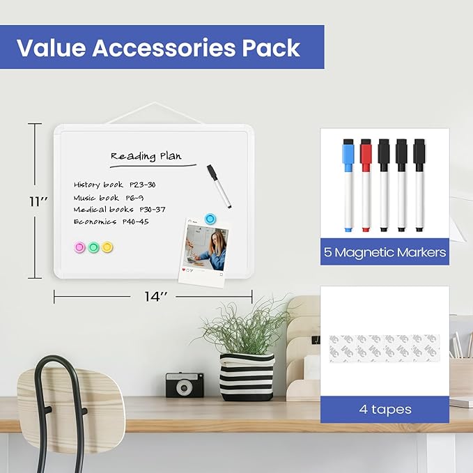 Small White Board for Wall, 11" x 14" Mini Dry Erase Board with Plastic Frame, Cute Hanging Whiteboard to Do List with 5 Markers for Kitchen Planner, Home, Office