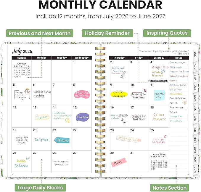 Planner 2026-2027, Monthly and Weekly Academic Planner July 2026 - June 2027, Hardcover Student Teacher Planning Agenda Calendar Book with Tabs, Perfect for Office School Supplies, A5 (6.3" x 8.5") - Spring Flowers