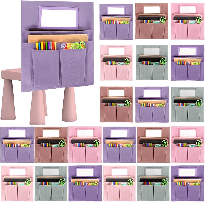 gisgfim 24 Pcs Small Chair Pockets for Classroom 13 x 14 Inch Bag with Name Tag Multi Pockets Chairsback Pouch Organizer for Student Kindergarten Elementary Daycare (Pastel Pink)