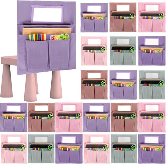 gisgfim 24 Pcs Small Chair Pockets for Classroom 13 x 14 Inch Bag with Name Tag Multi Pockets Chairsback Pouch Organizer for Student Kindergarten Elementary Daycare (Pastel Pink)