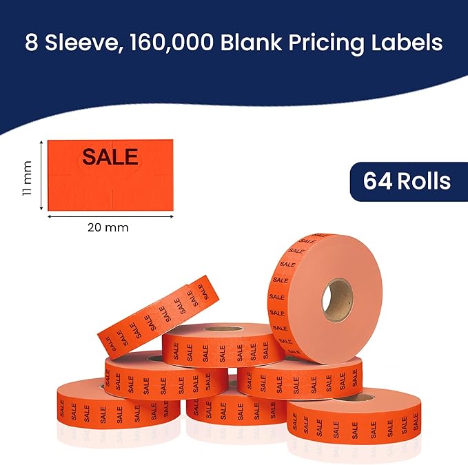 Perco "Sale" Fluorescent Red Pricing Labels for Monarch 1131 Price Gun – 8 Sleeves, 64 Rolls Value Pack - 160,000 Price Marking Labels – with Ink Rolls Included