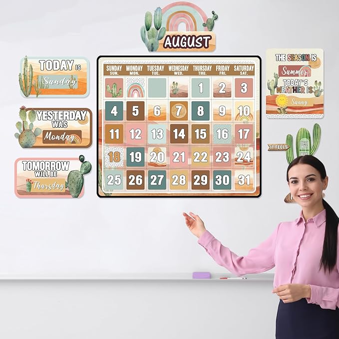 Cholemy 85 Pcs Calendar Bulletin Board Set Classroom Calendar Bulletin Board with Numbers Month Weather Classroom Decoration Wall Decor for Chalkboard Back to School Supplies(Boho Desert)