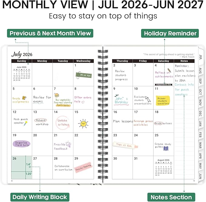 Academic Planner 2026-2027, Weekly and Monthly Calendar Book, July 2026 – June 2027, Hardcover Planner with Tabs, Perfect for Teachers, Students, Women & Men, A5 (6.4" x 8.5") - Leaf