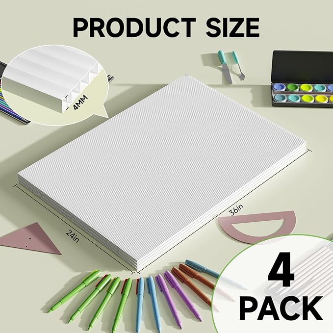 PEKGRIL 24" x 36" Corrugated Plastic Board, 4MM Thick Thick Blank Poster Board, Waterproof Coroplast Sheets, White Corrugated Plastic Sheets, 4 Pack