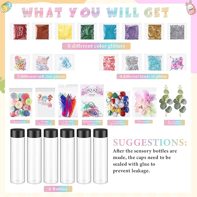 Arrowbash 6 Pcs Sensory Bottles Kits for Toddlers 1-3 Kids 400 ml Plastic Calming Bottles Empty with Lid Calm Down Jar Kit Filler Glitters Sequins Weather Containers for Relieving Anxiety Disturbed