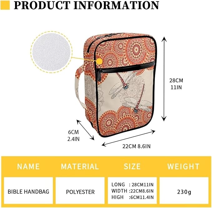 Suobstales Boho Mandala Dragonfly Print Zipper Bible Cover Case Cross for Women Bible Bag Carrying Case Carrying Book Case Church Bag Bible Protective with Handle