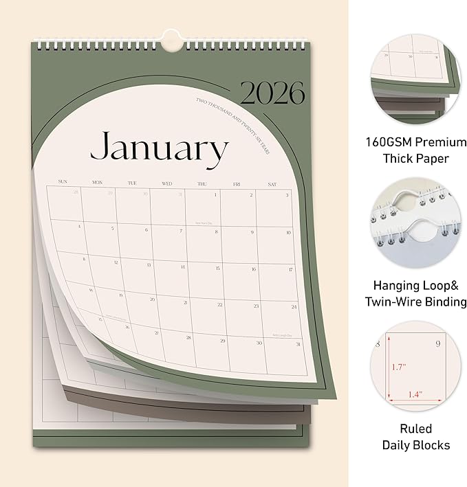 Aesthetic Wall Calendar 2026, 12 Monthly Vertical Calendar January 2026 to December 2026, 15" x 10" Modern Wall Hanging Calendar for School, Home, Office for Monthly Organizing & Planning (Green Vertical )
