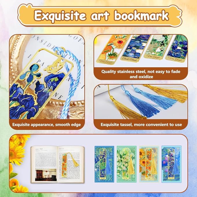 Kinsound Metal Bookmarks with Tassel, Golden Van Gogh Monet Oil Painting Theme Cute Hollow Book Markers for Reading Women, Teachers, Students, Reading Accessories Gifts for Book Lovers (Style A(4PCS))