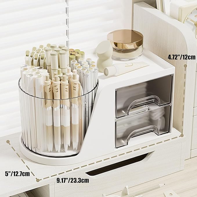 Desk Organizer with 2 Drawer,360 Degree Rotating Pen Holder for Desk,6 Slots Makeup Brush Holder for Office,School,Home,Art Supplies (Cream)