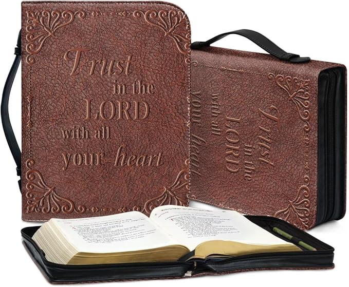 Retry Style Cross Bible Case with Bookmark Waterproof Bible Cover Case for Women Lightweight Bible Bag with Handle Pockets Church Book Bag Brown