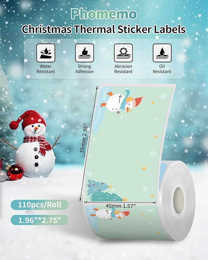 Phomemo M110 Labels,40x75mm 200 Pcs Black on Christmas Panting,50x70mm 110 Pcs Black on White,Phomemo Self Adhesive Thermal Labels for M200 M221 Label Printer, Stickers Label Ideal for Gifts,3-Roll